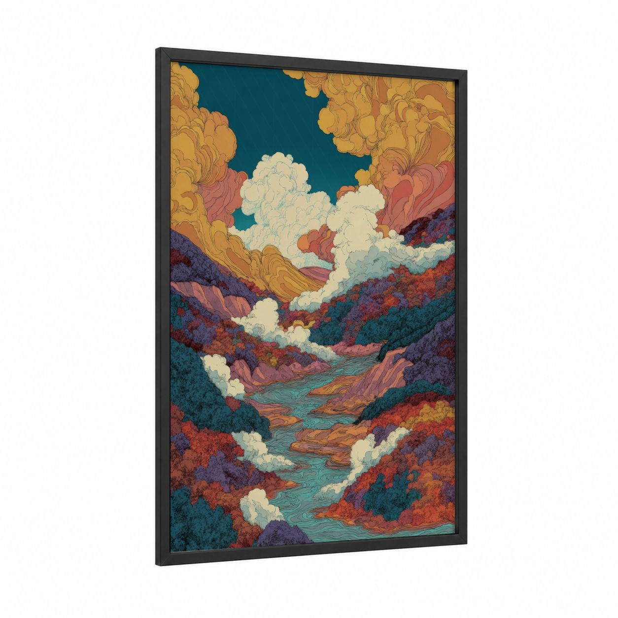 Autumn Canyon Vista framed art print — black wood frame — teal and gold palette