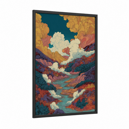 Autumn Canyon Vista framed art print — black wood frame — teal and gold palette