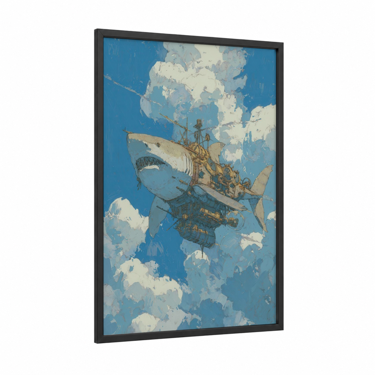 Steampunk Shark framed basking shark print — black wood frame — blue and cream palette