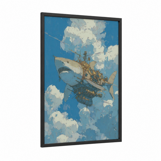 Steampunk Shark framed basking shark print — black wood frame — blue and cream palette