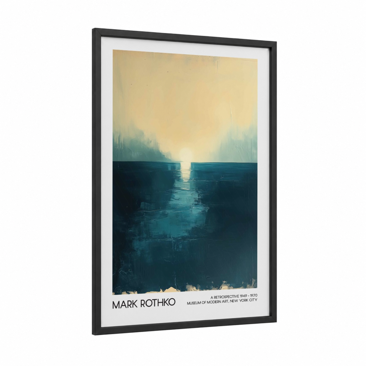 Minimalist Lake Horizon framed abstract classic print — black wood frame — gold and teal palette
