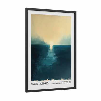 Minimalist Lake Horizon framed abstract classic print — black wood frame — gold and teal palette
