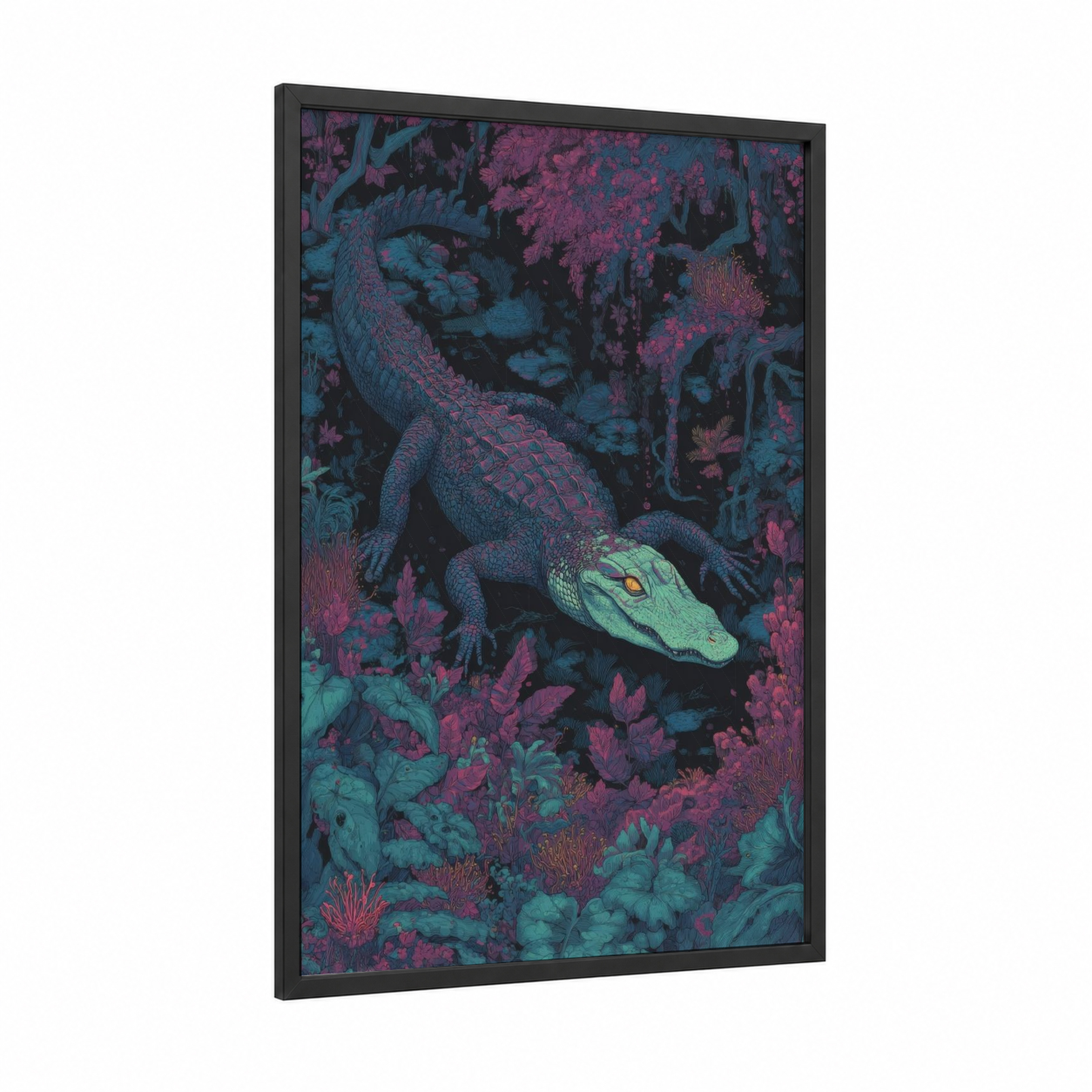 Neon Alligator framed art print — black wood frame — magenta and blue palette