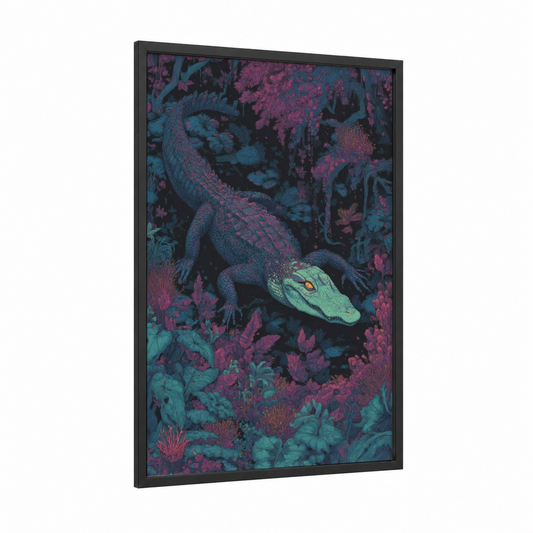 Neon Alligator framed art print — black wood frame — magenta and blue palette