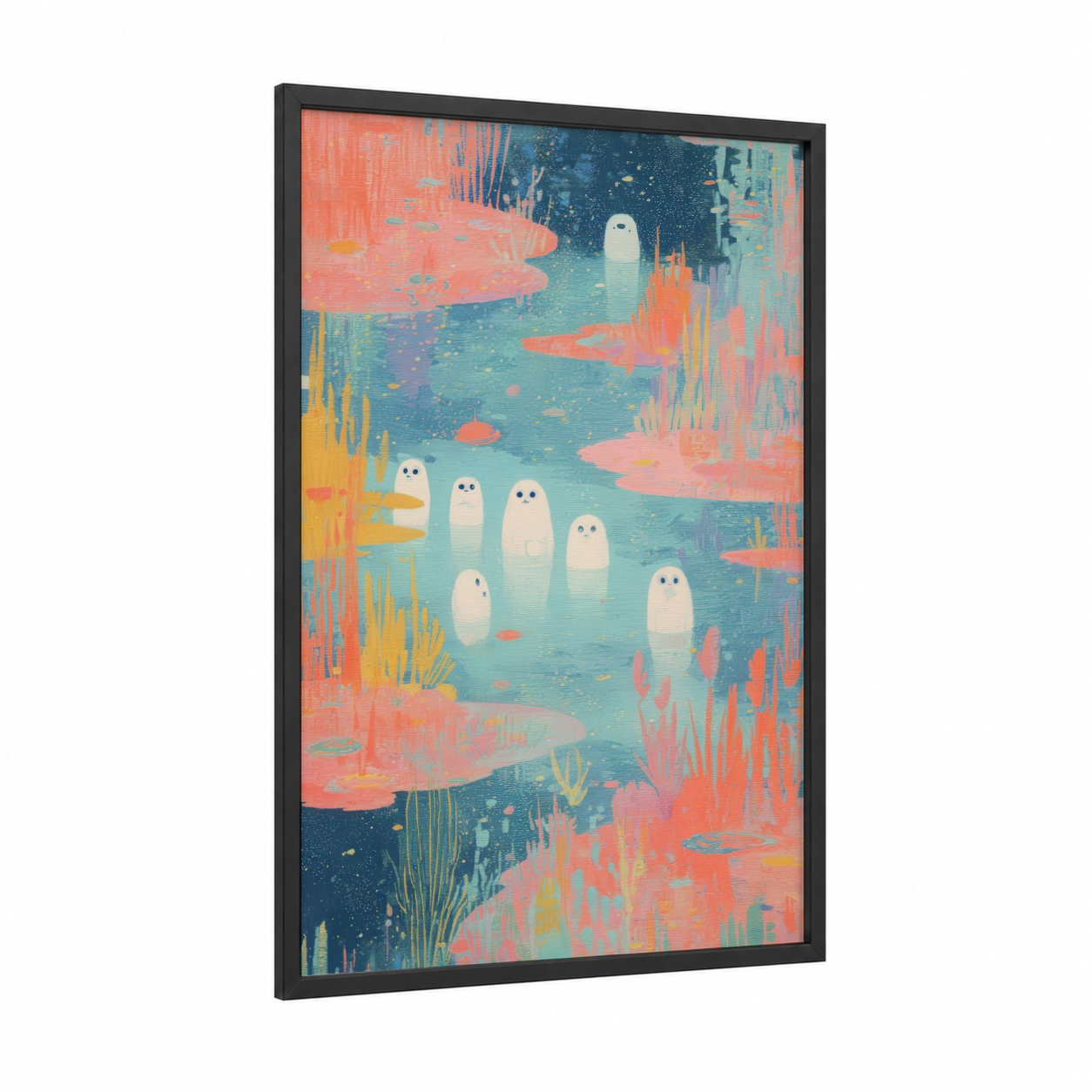 Alien Pond framed extraterrestrial print — black wood frame — turquoise and salmon pink palette