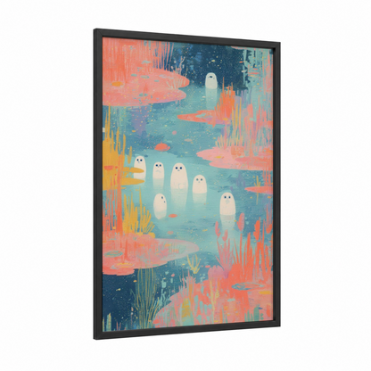 Alien Pond framed extraterrestrial print — black wood frame — turquoise and salmon pink palette