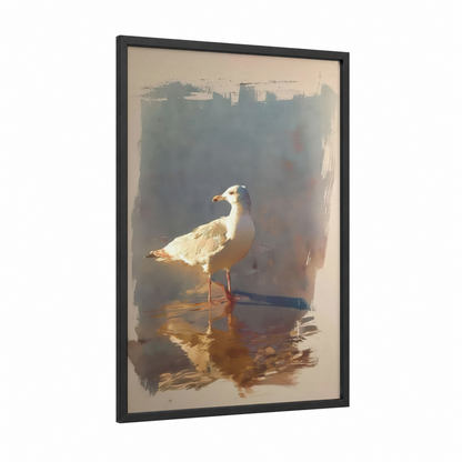 Golden Seagull framed art print — black wood frame — gold and cream palette