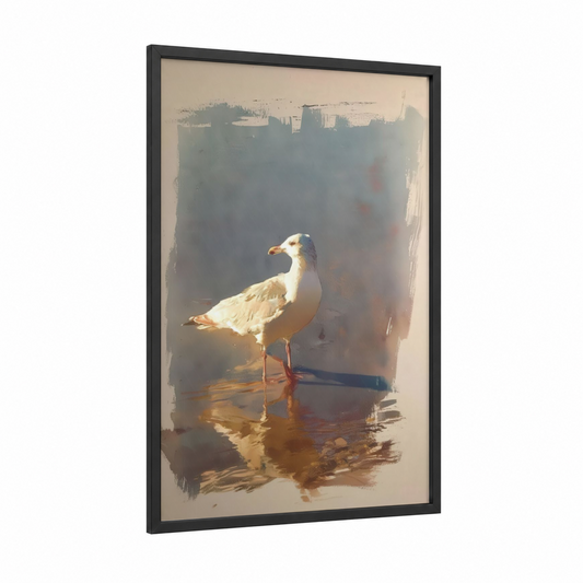 Golden Seagull framed art print — black wood frame — gold and cream palette