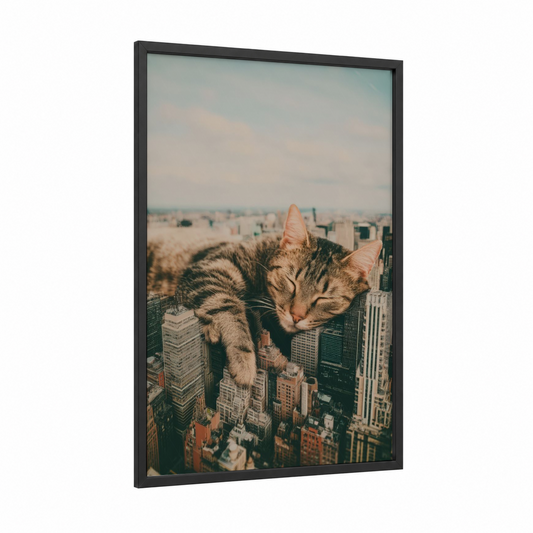Giant Cat Cityscape framed art print — black wood frame — dove gray and sage green palette