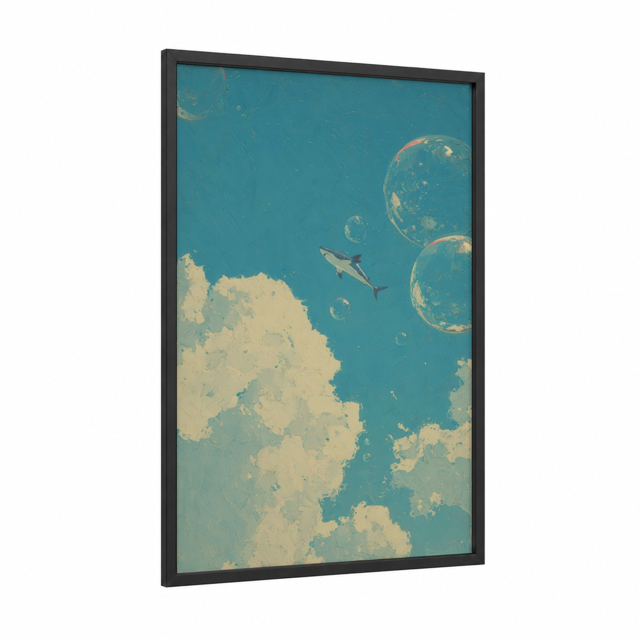 Ethereal Shark framed blue shark print — black wood frame — teal and cream palette