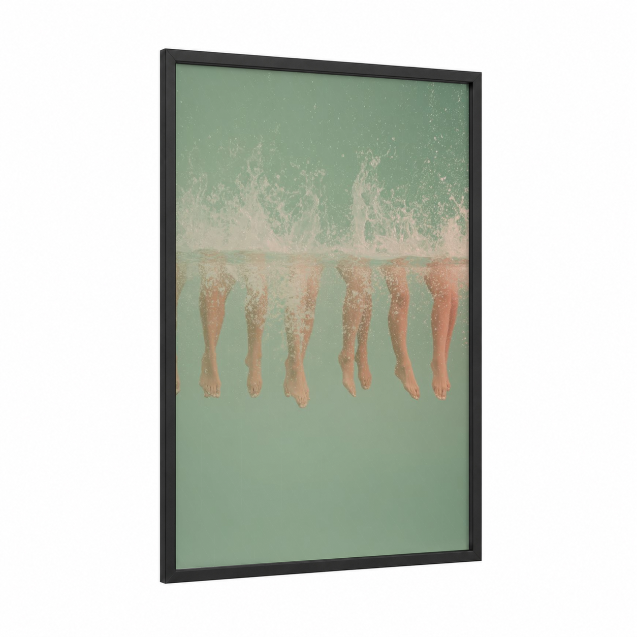 Summer Swimming framed art print — black wood frame — sage green and peach palette