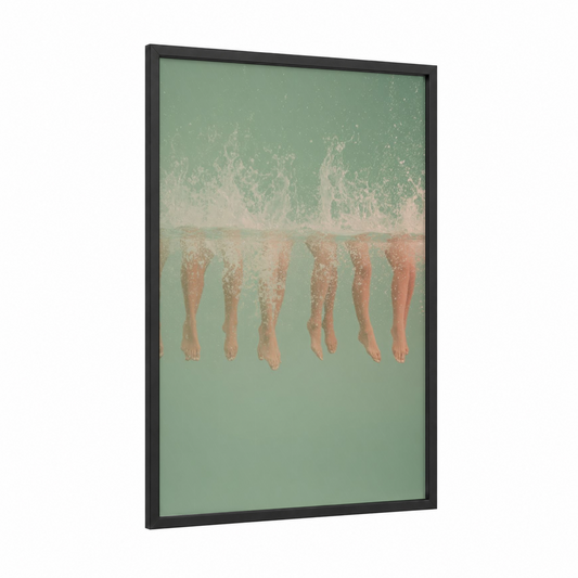 Summer Swimming framed art print — black wood frame — sage green and peach palette