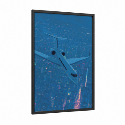 Midnight Jet framed private jet print — black wood frame — blue and magenta palette