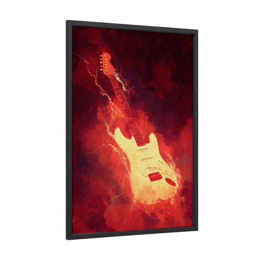 Lightning Electric framed electric guitar print — black wood frame — red and yellow gold palette