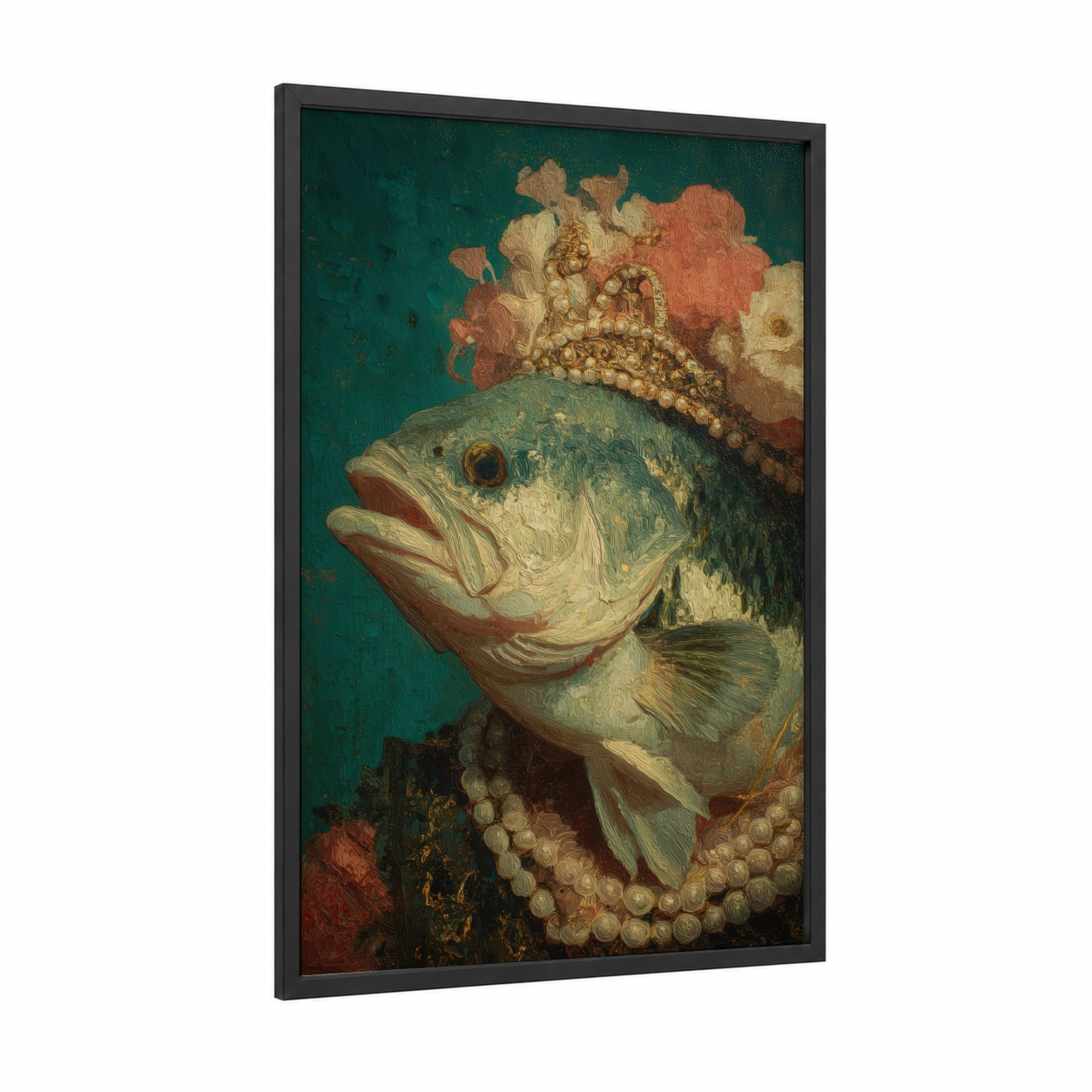 Ornate Bass Portrait framed art print — black wood frame — teal and gold palette