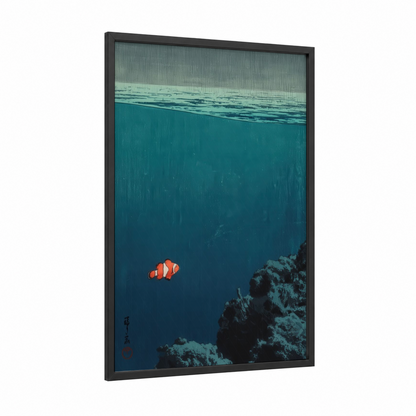 Solitary Clownfish framed clown fish print — black wood frame — teal and orange palette