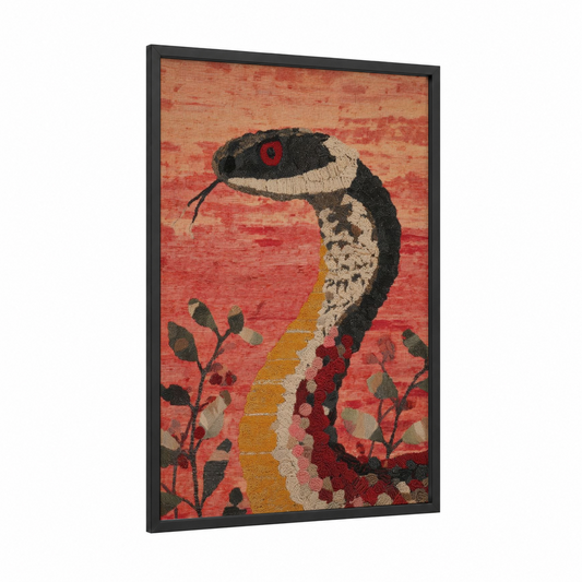 Crimson Cobra framed art print — black wood frame — red and gold and white palette