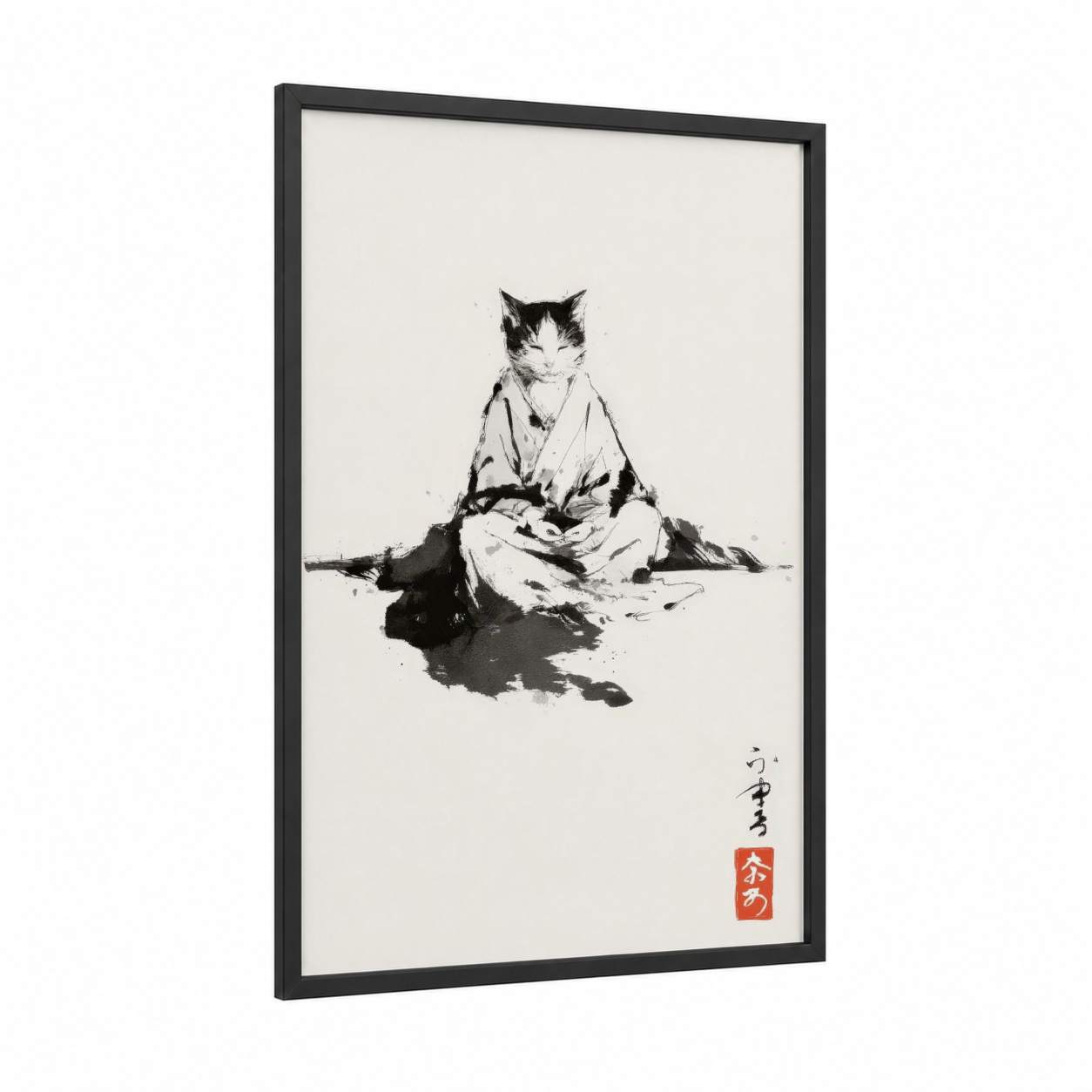 Meditative Cat Monk framed art print — black wood frame — black and white palette
