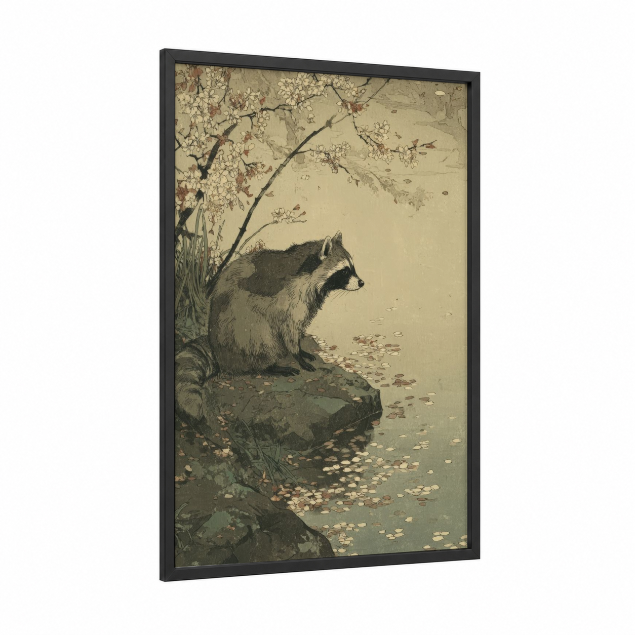 Riverside Raccoon framed art print — black wood frame — cream and sage green palette