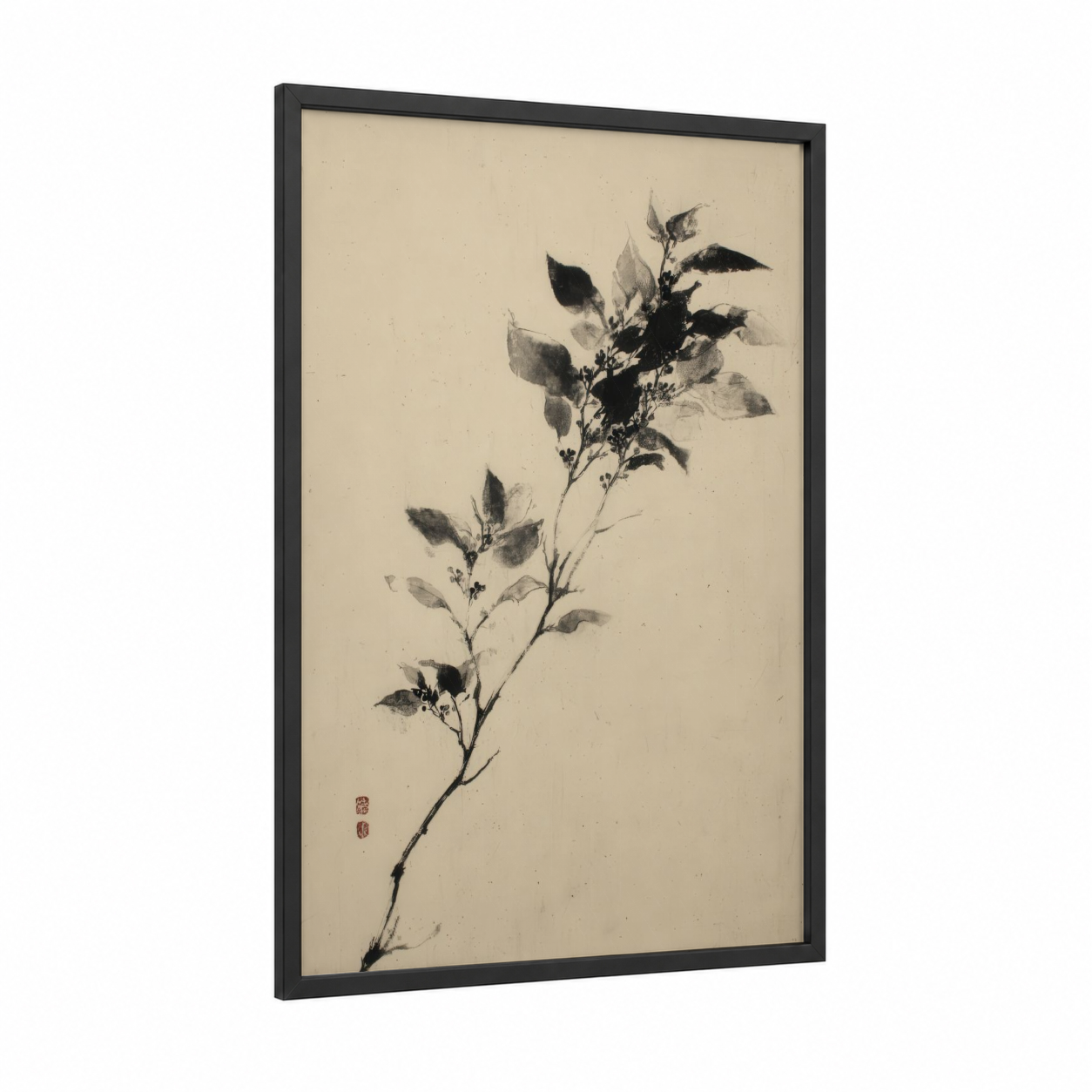 Delicate Botanical Branch framed herbs and spices print — black wood frame — black and white and cream palette