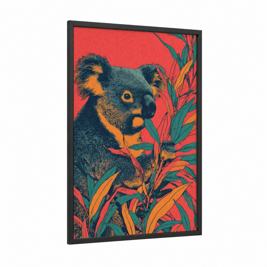 Tropical Koala framed art print — black wood frame — red and gold palette