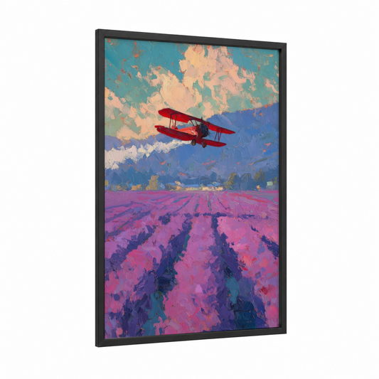 Crimson Biplane Fields framed propeller plane print — black wood frame — magenta and royal blue palette
