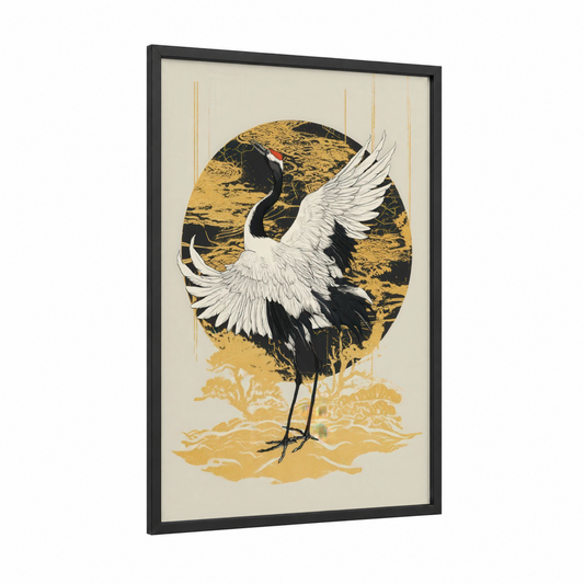 Golden Crane Dance framed art print — black wood frame — gold and black and white palette