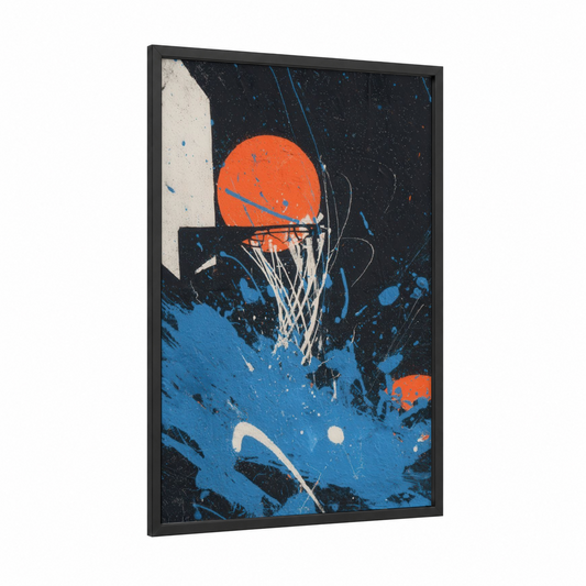 Urban Basketball Slam framed art print — black wood frame — blue and orange palette