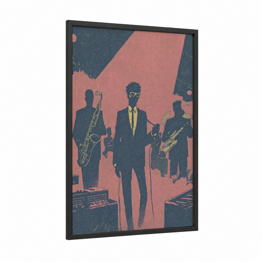 Funk Band Silhouette framed art print — black wood frame — salmon pink and dark blue palette