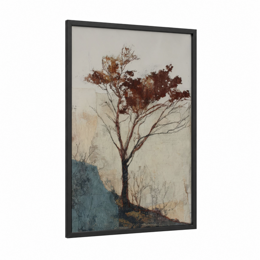 Solitary Cedar framed cedar tree print — black wood frame — russet and dove gray palette