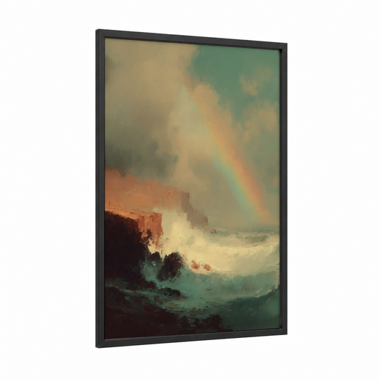 Coastal Rainbow framed art print — black wood frame — teal and gold palette