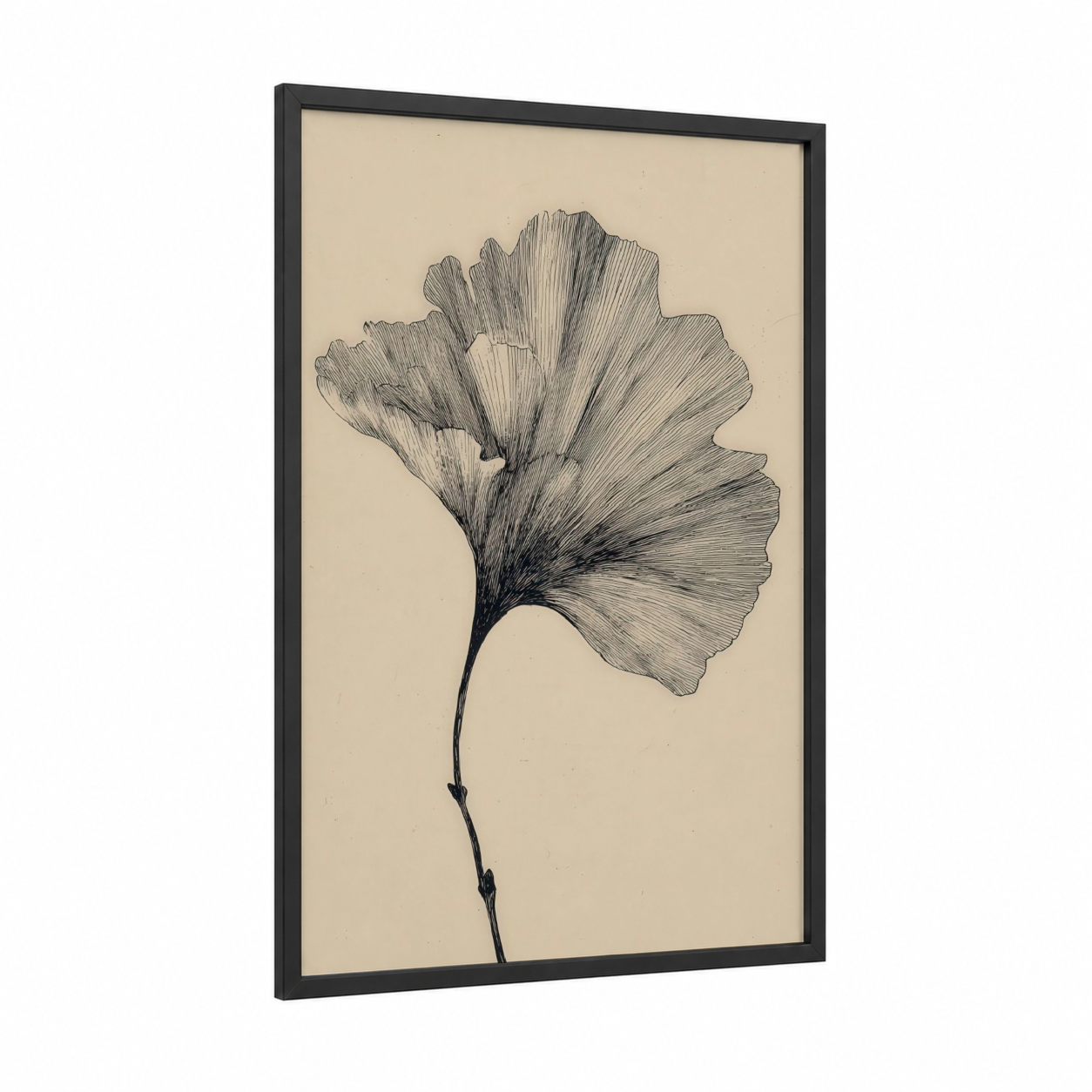Ginkgo Botanical Study framed leaf print — black wood frame — black and white and cream palette
