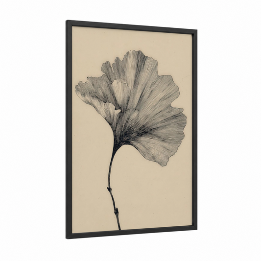 Ginkgo Botanical Study framed leaf print — black wood frame — black and white and cream palette