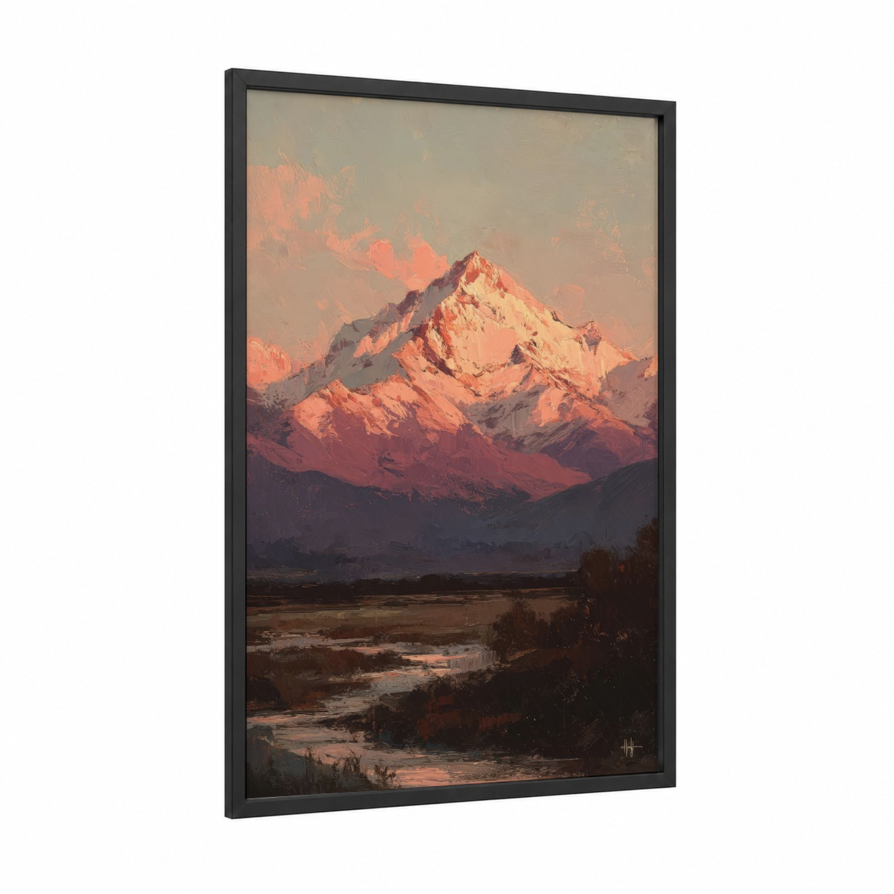 Crimson Everest Dawn framed mount everest print — black wood frame — peach and maroon palette