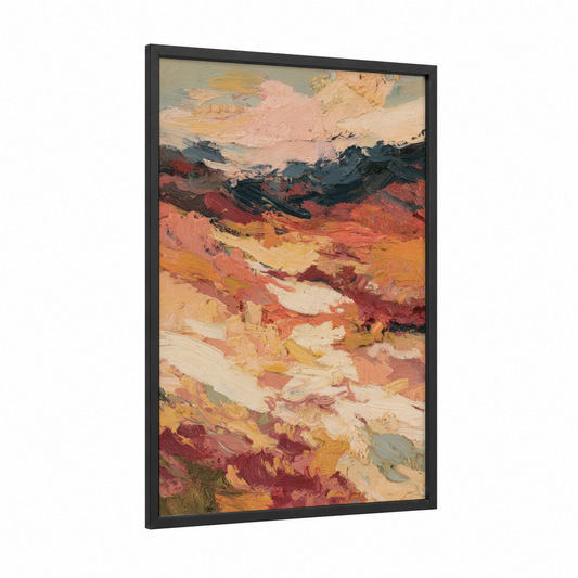 Painted Dune framed art print — black wood frame — salmon pink and russet palette