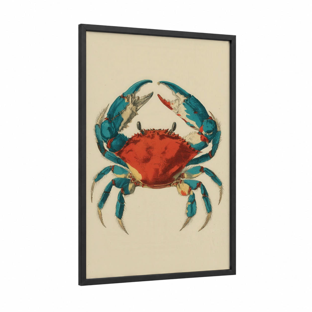 Blue Crab Vintage framed art print — black wood frame — teal and red palette
