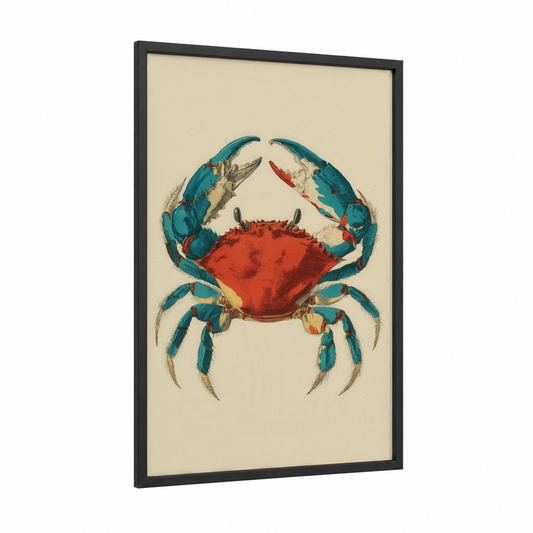 Blue Crab Vintage framed art print — black wood frame — teal and red palette
