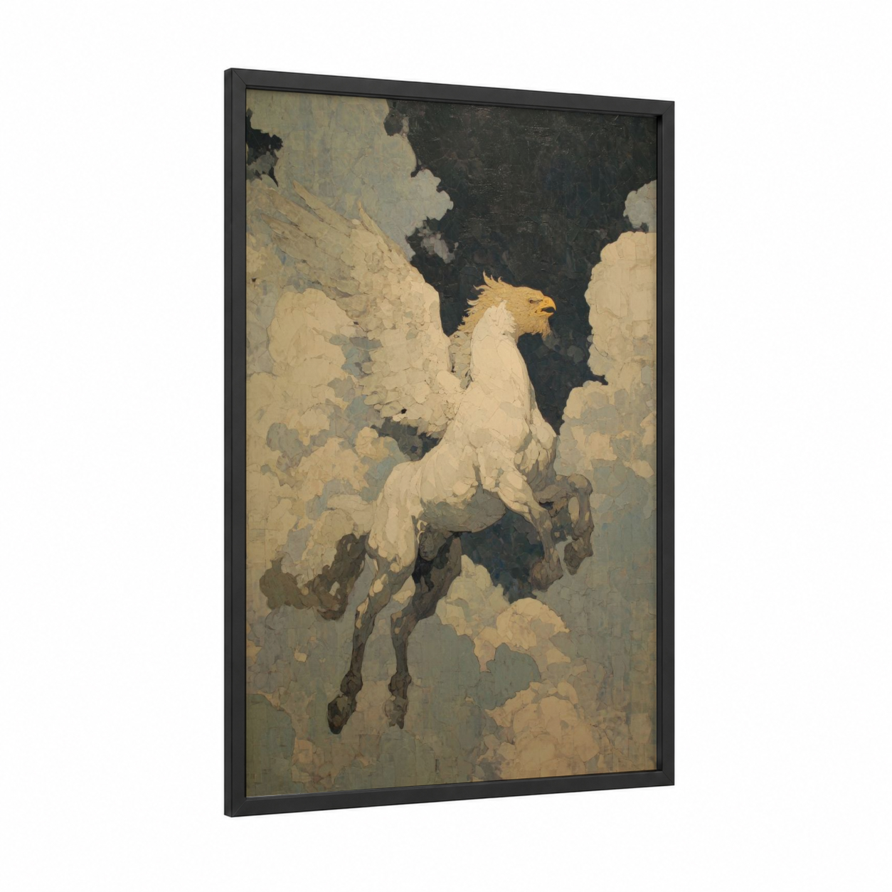 Celestial Chimera framed art print — black wood frame — cream and dove gray palette