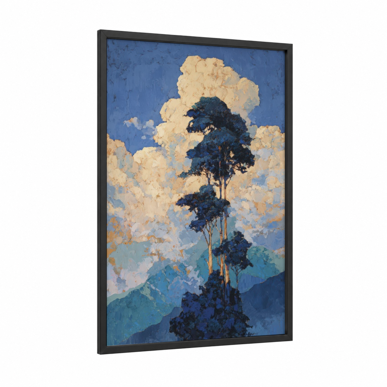 Majestic Kauri Tree framed art print — black wood frame — blue and gold palette