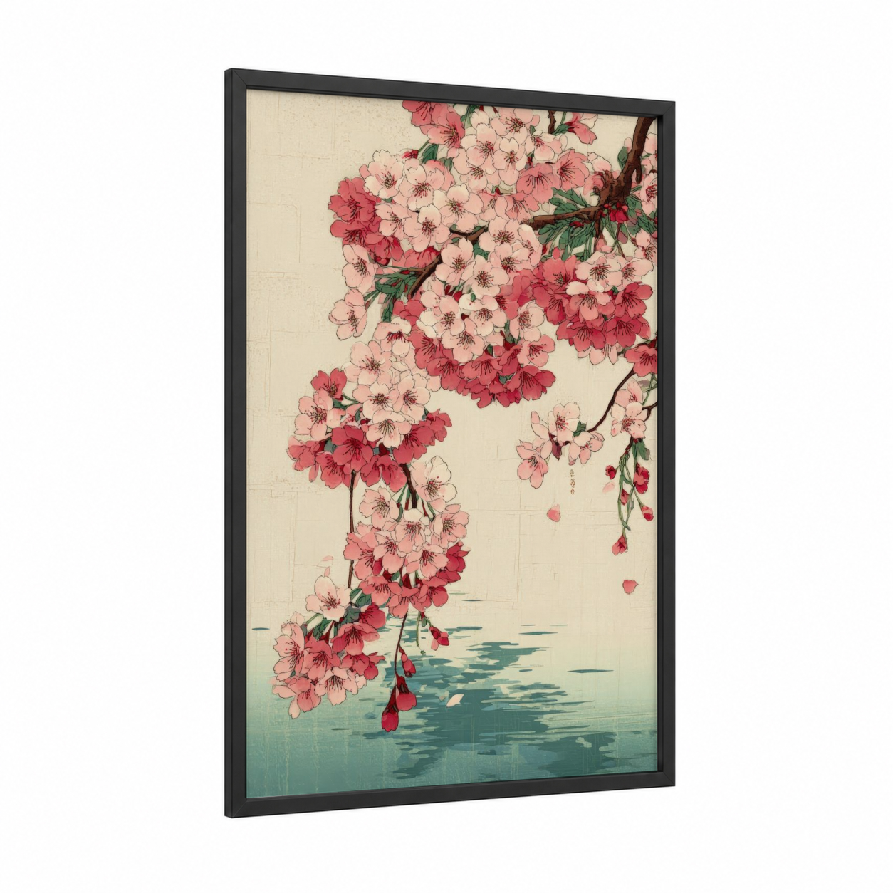 Cherry Blossom Cascade framed cherry blossoms print — black wood frame — pink and cream palette