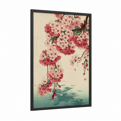 Cherry Blossom Cascade framed cherry blossoms print — black wood frame — pink and cream palette