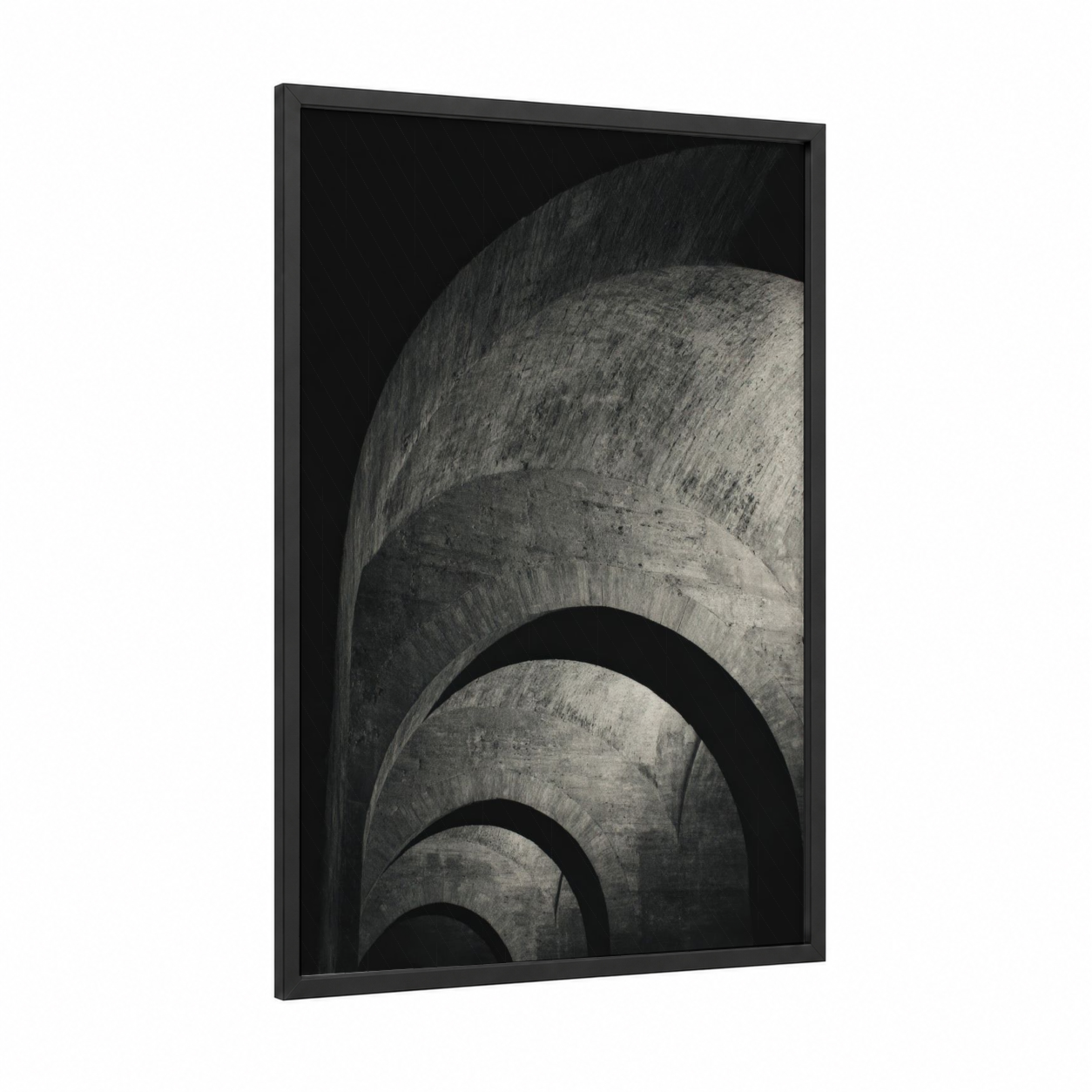 Curved Masonry framed art print — black wood frame — black and white and gray palette