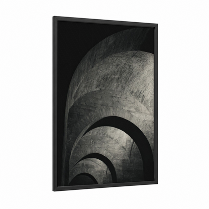 Curved Masonry framed art print — black wood frame — black and white and gray palette