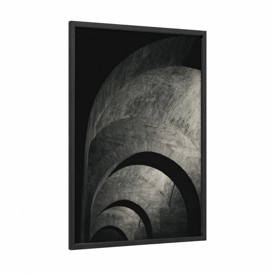Curved Masonry framed art print — black wood frame — black and white and gray palette