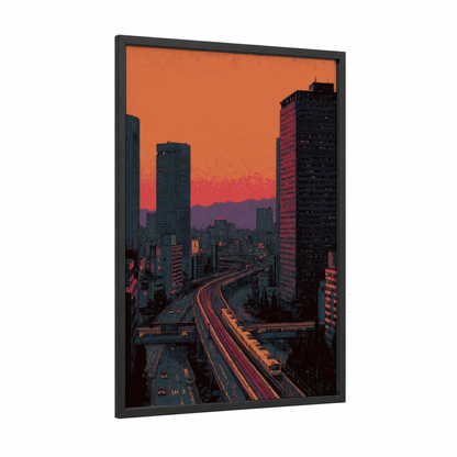 Urban Sunset Express framed subway print — black wood frame — orange and blue palette