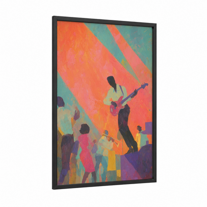 Funk Vibes framed art print — black wood frame — orange and teal palette