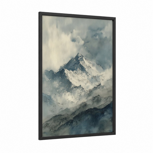 Snowy Everest Peak framed mount everest print — black wood frame — white and gray palette