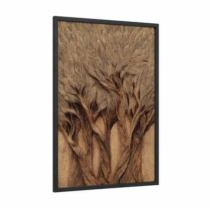 Carved Tree Roots framed woodcarving print — black wood frame — brown palette