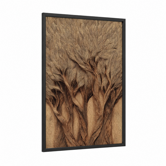 Carved Tree Roots framed woodcarving print — black wood frame — brown palette