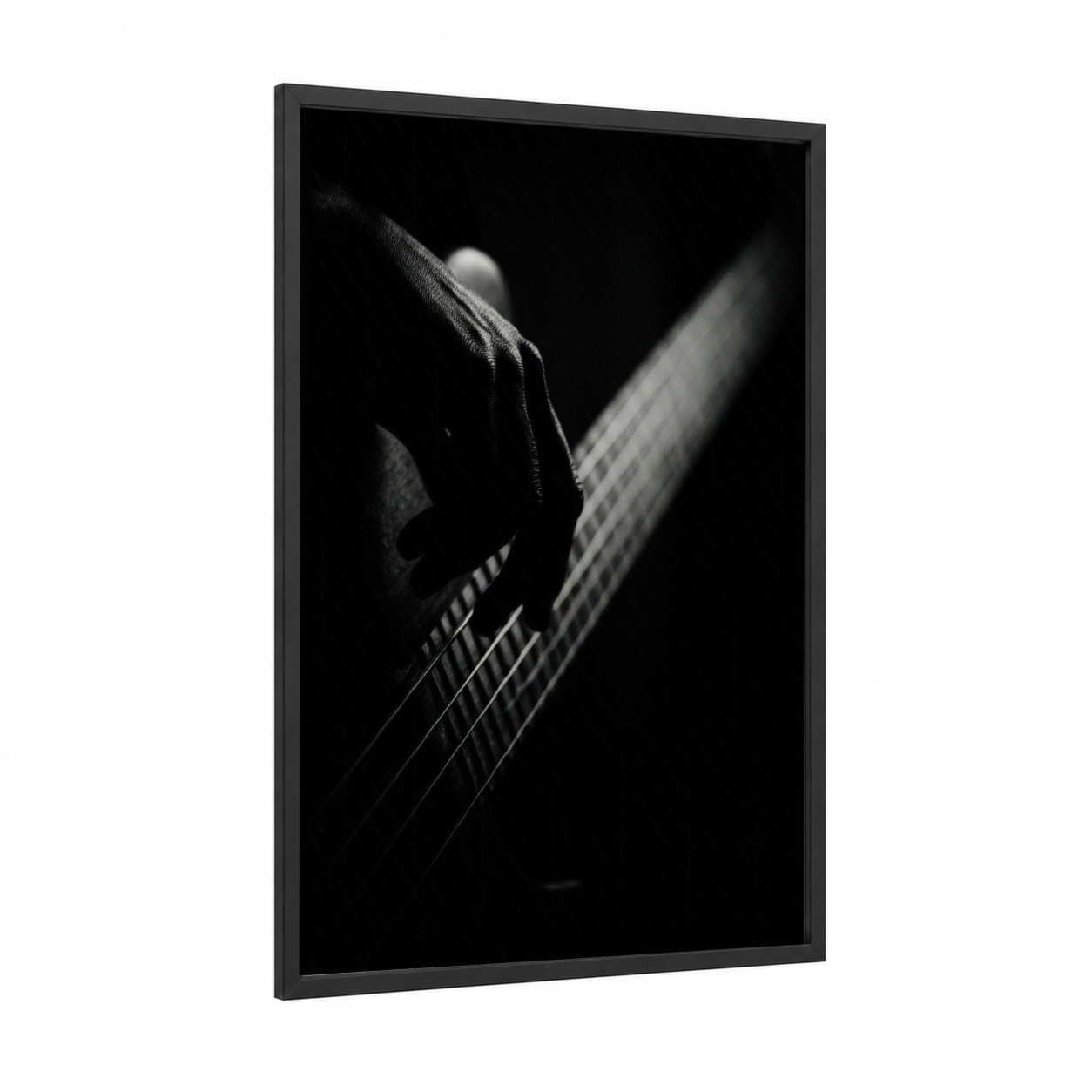Midnight Bass framed bass guitar print — black wood frame — black and white palette
